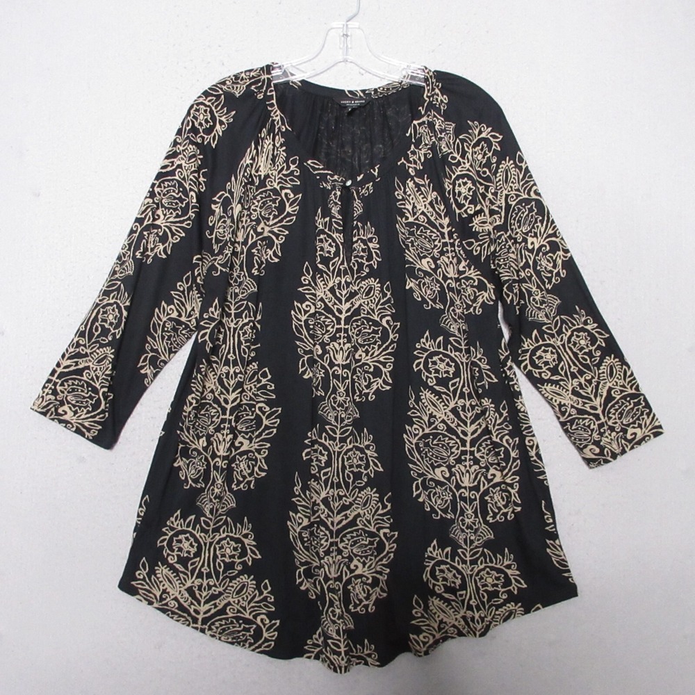 Lucky Brand Top Women Plus 1X‎ Black Tan Boho Peasant Cottage Core 3/4 Sleeve